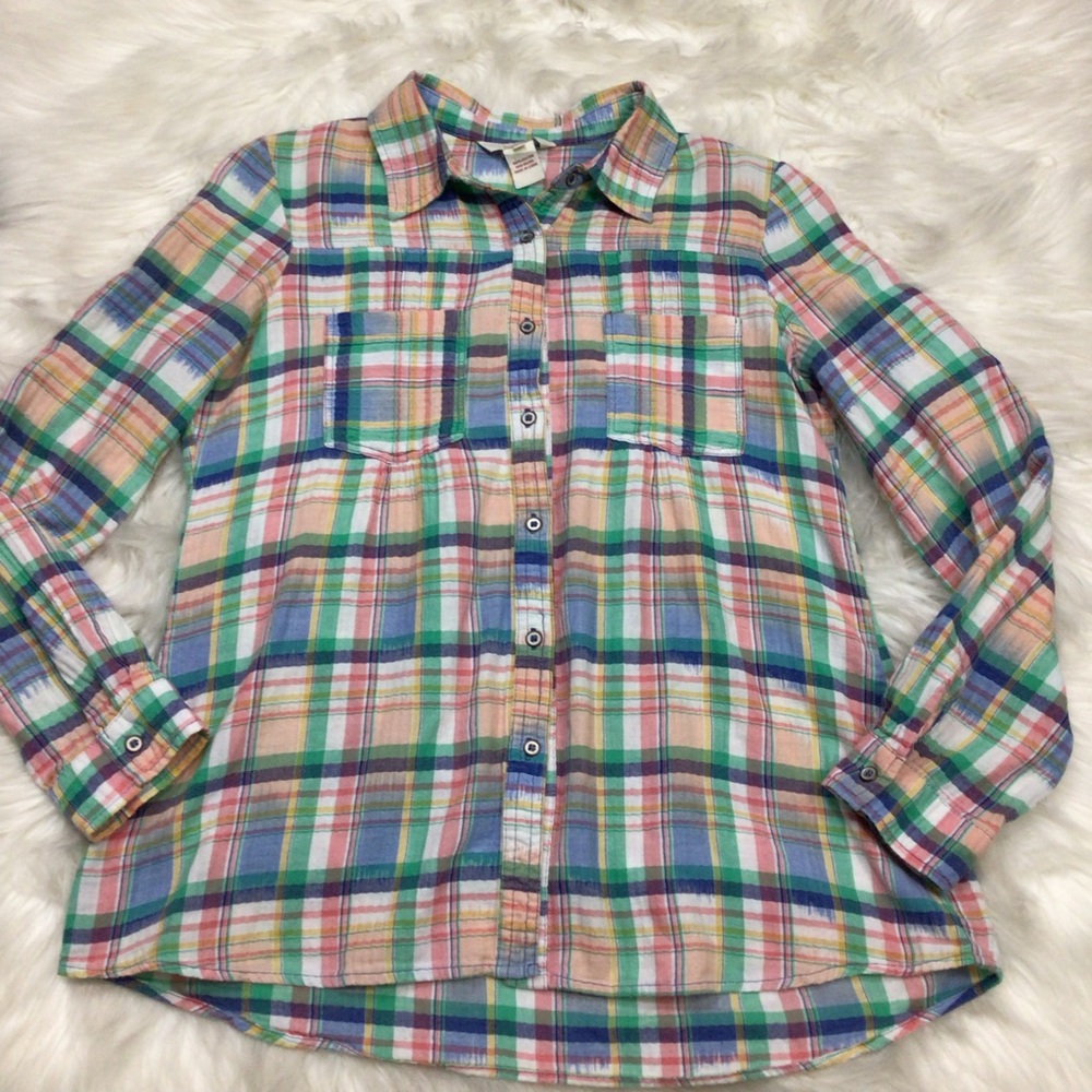 Sundance Plaid Shirt Womens Multicolor Long Sleeve Button Up Pleated Pockets SM